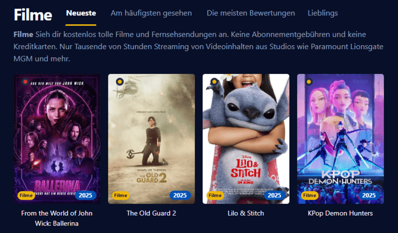 Ein Bildschirmfoto der Einschalten Benutzeroberfläche Eine moderne Streaming Seite die Filme und Serien zeigt